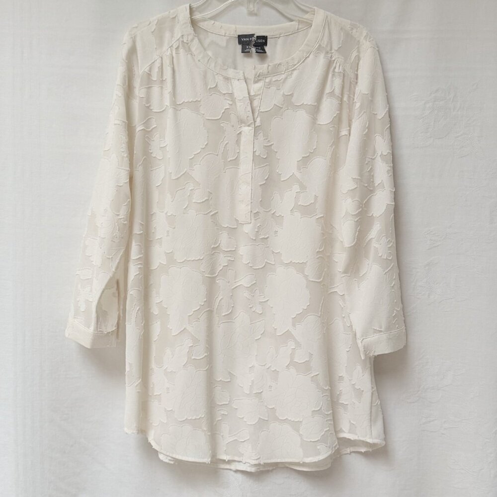 Van Heusen Cream Textured Blouse Womens XS Sheer‎ Mature Cottage Career Work